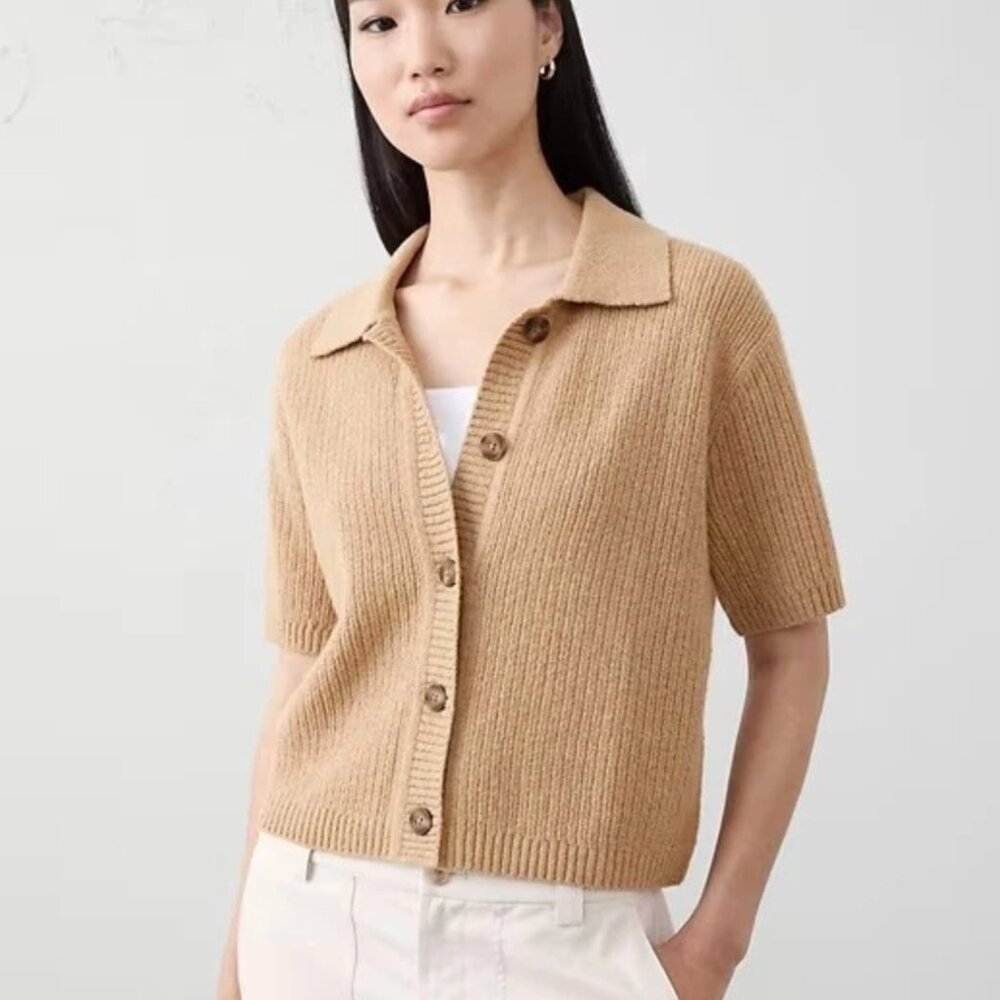 Banana Republic Womens Textured Short Sleeve Collar Sweater Cardigan Camel